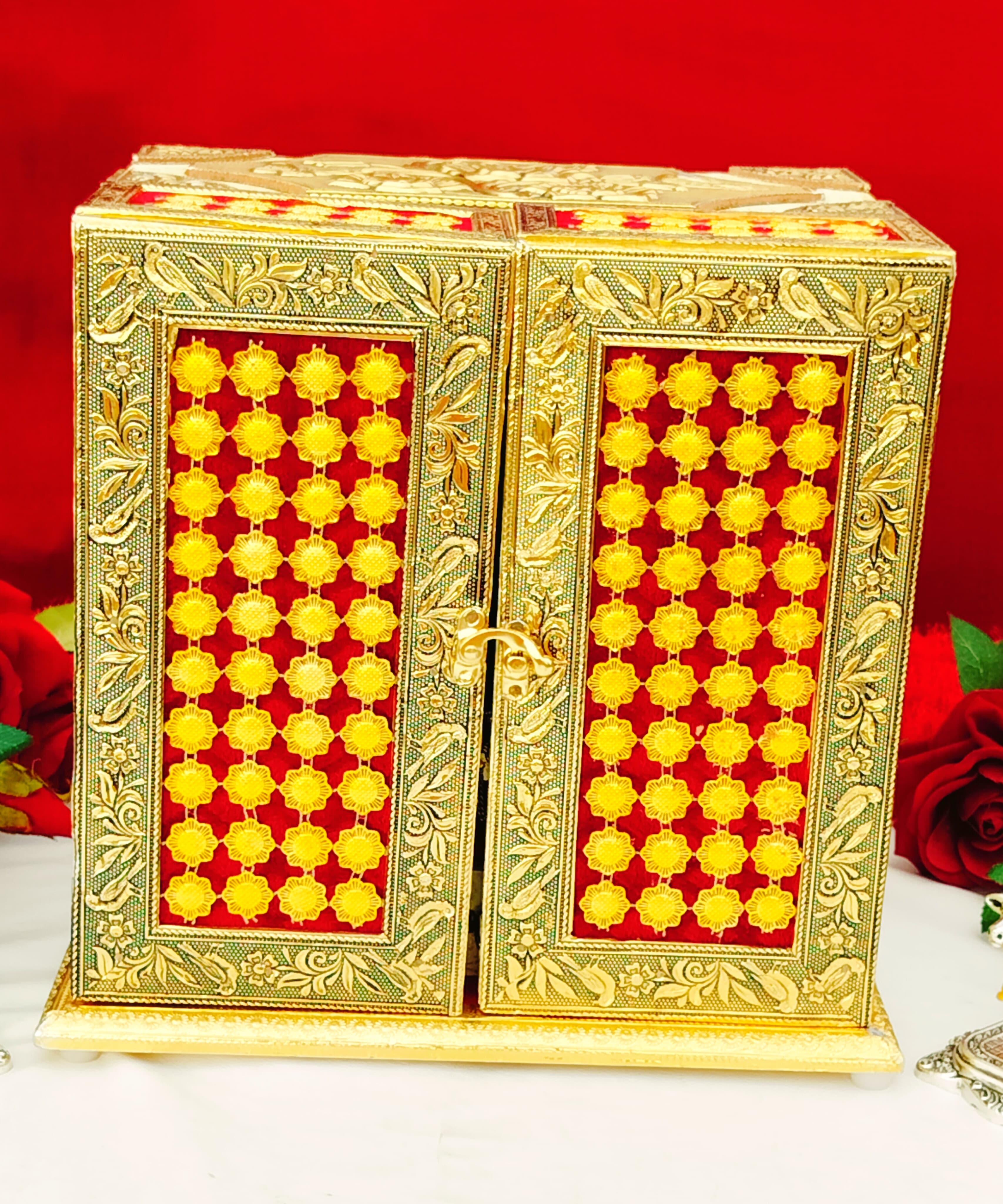 Antique Gold plated German silver Teak wood base jhula with Temple