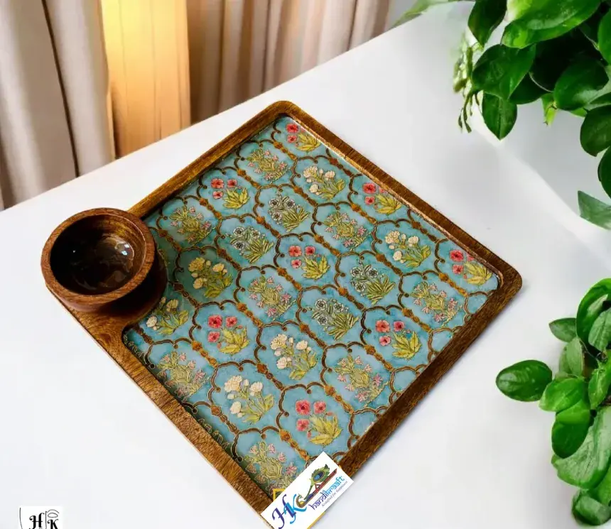 Wooden Serving Square  Platter with a Bowl-10"