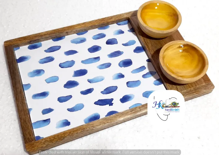 Wooden Serving Rectangular Platter with 2 Bowls-12x8"
