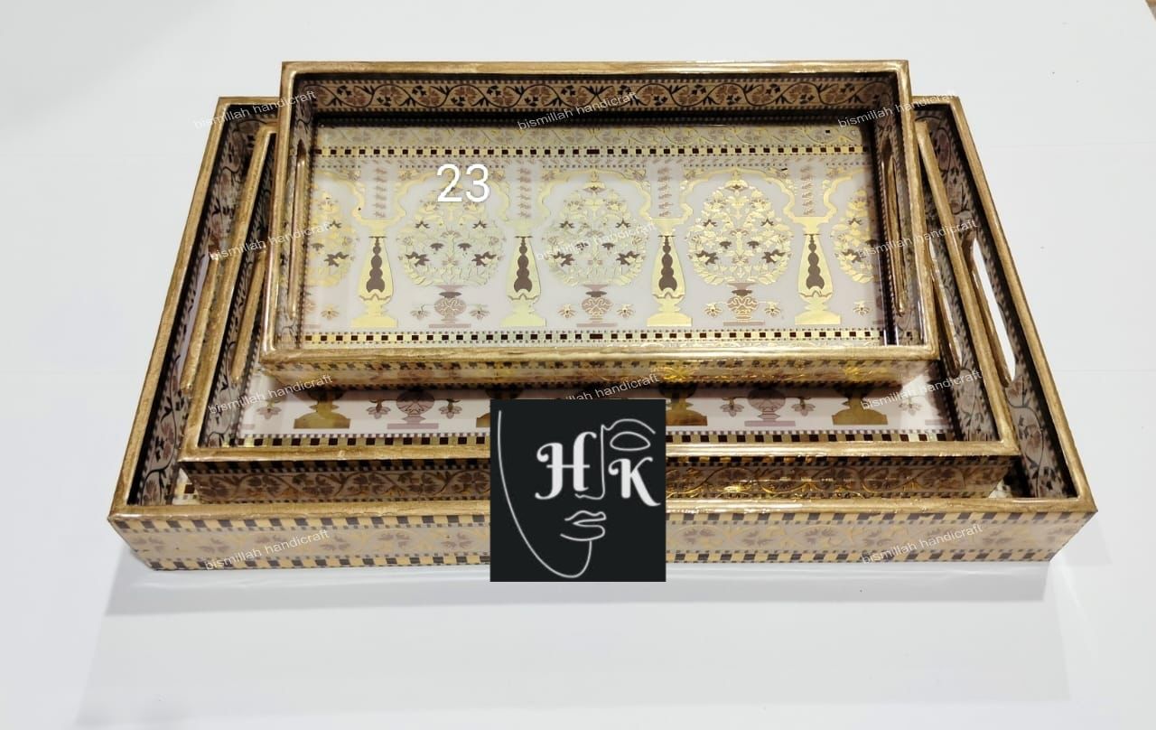 Premium Golden Foil Handcrafted Decorative Tray Set -16"-14"-12"
