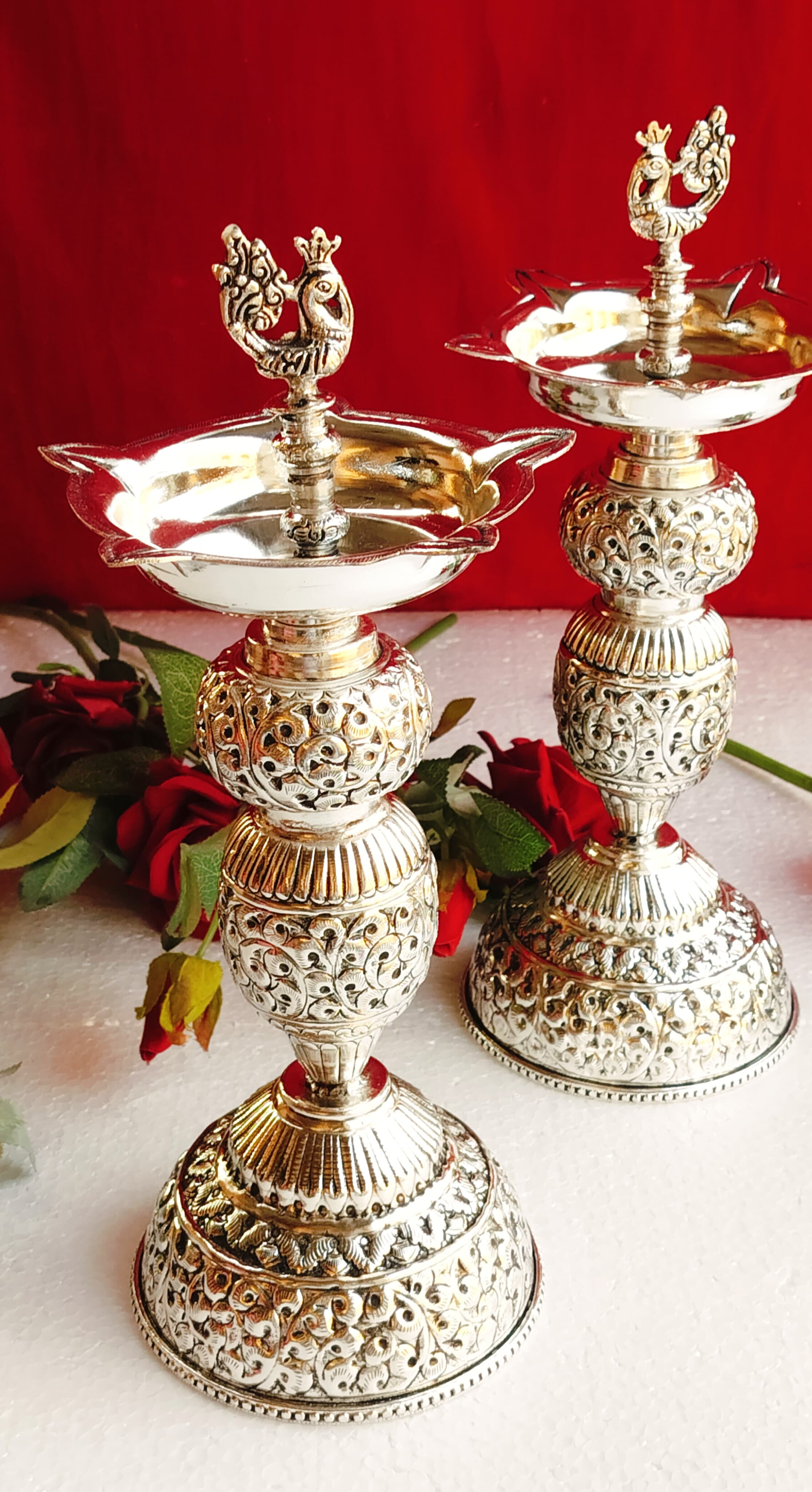 German silver antique peacock diya pair