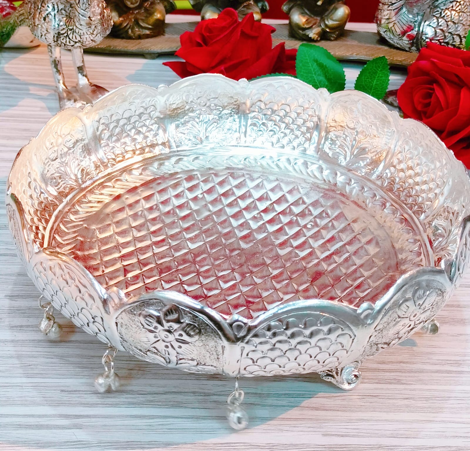 German silver antique lotus urli with hanging Ghungaru