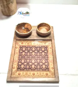 Wooden Serving Rectangular Platter with 2 Bowls-12x8"