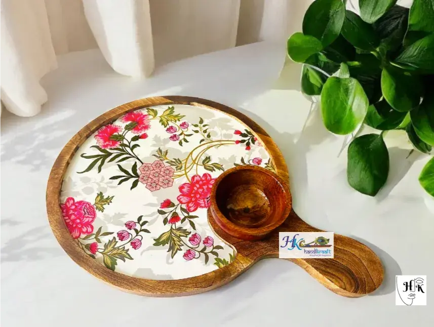 Wooden Serving Pizza Platter Bowl with Handle