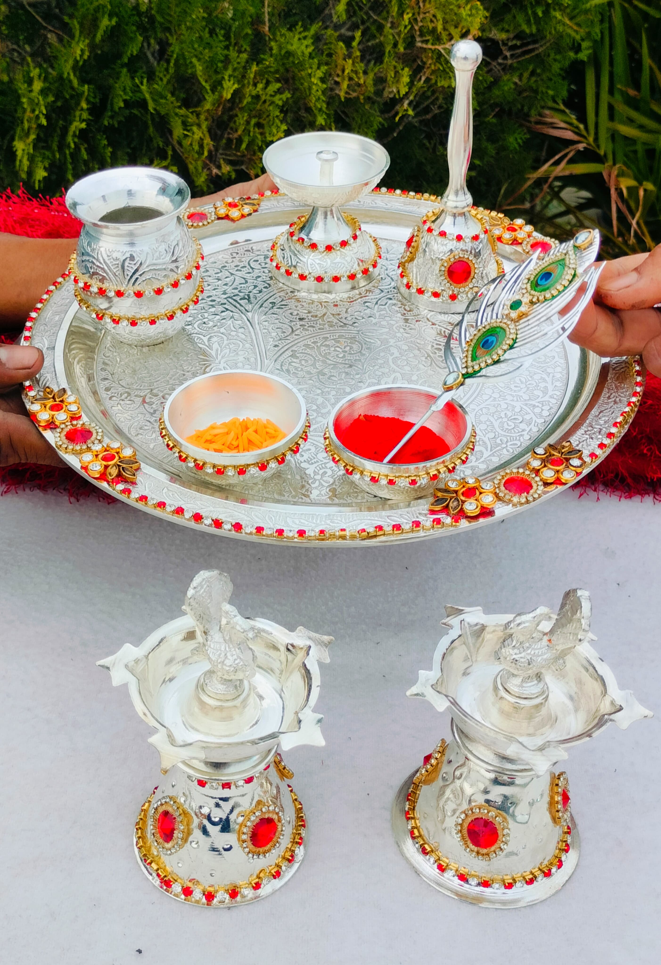 German silver pooja set with kundan work
