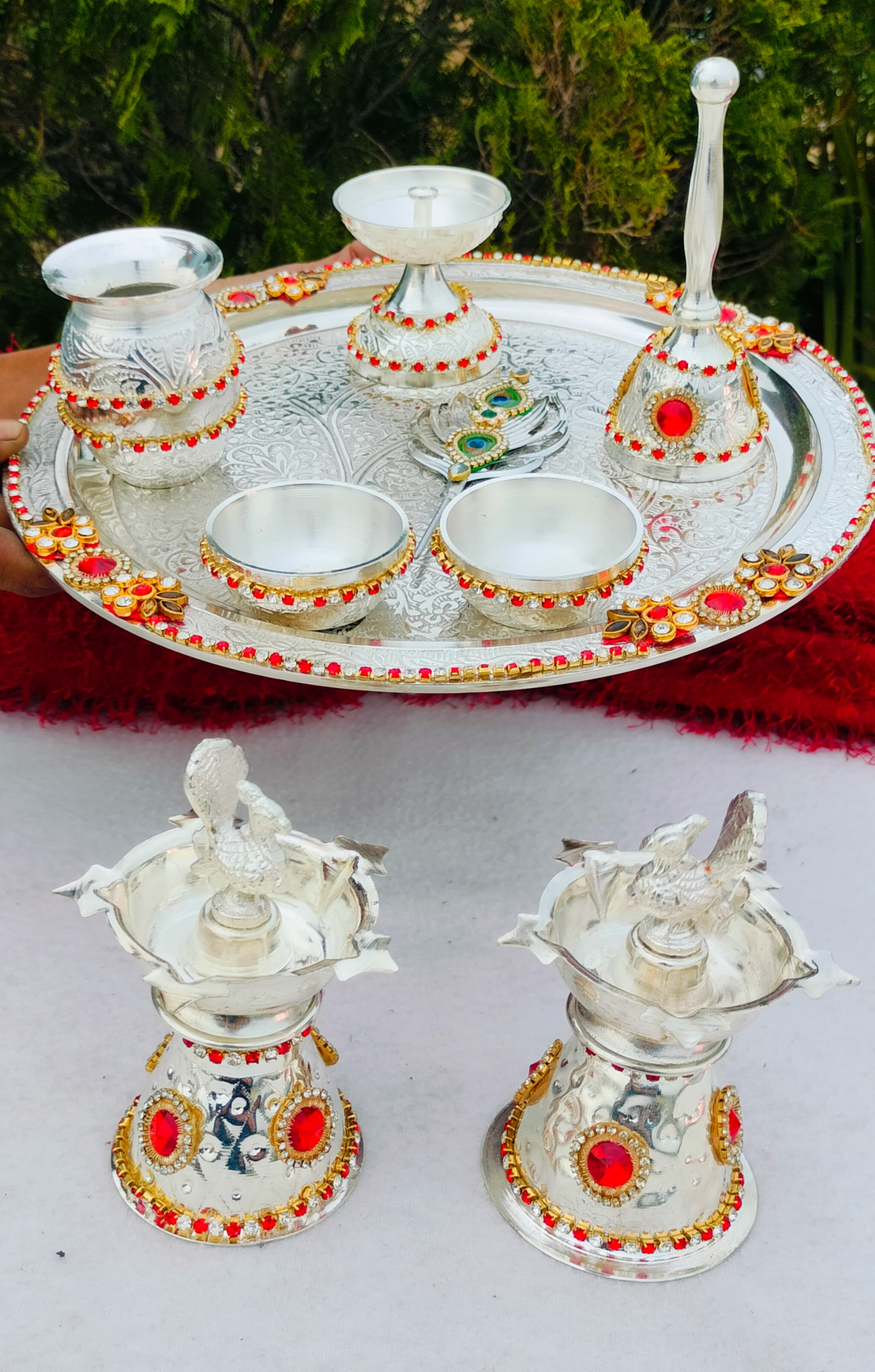 German silver pooja set with kundan work