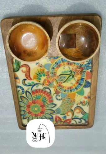 Wooden Serving Rectangular Platter with 2 Bowls-12x8"