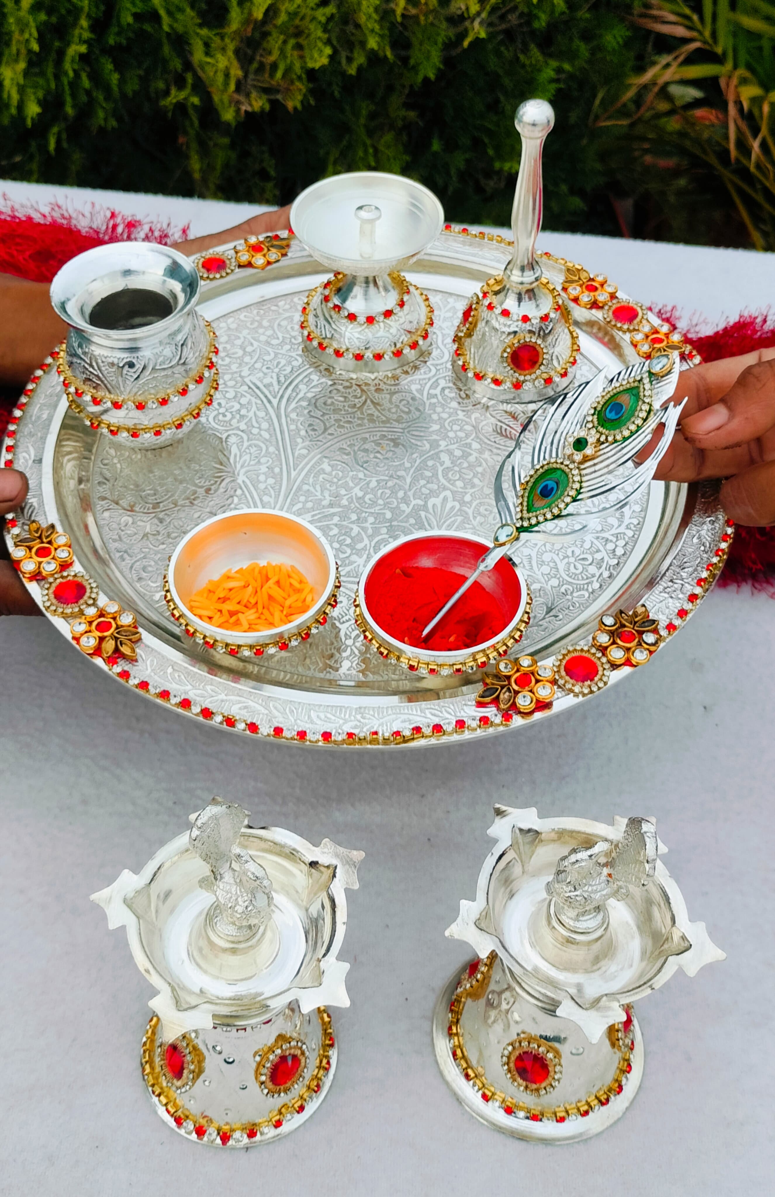 German silver pooja set with kundan work