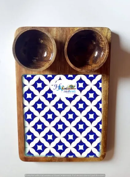 Wooden Serving Rectangular Platter with 2 Bowls-12x8"