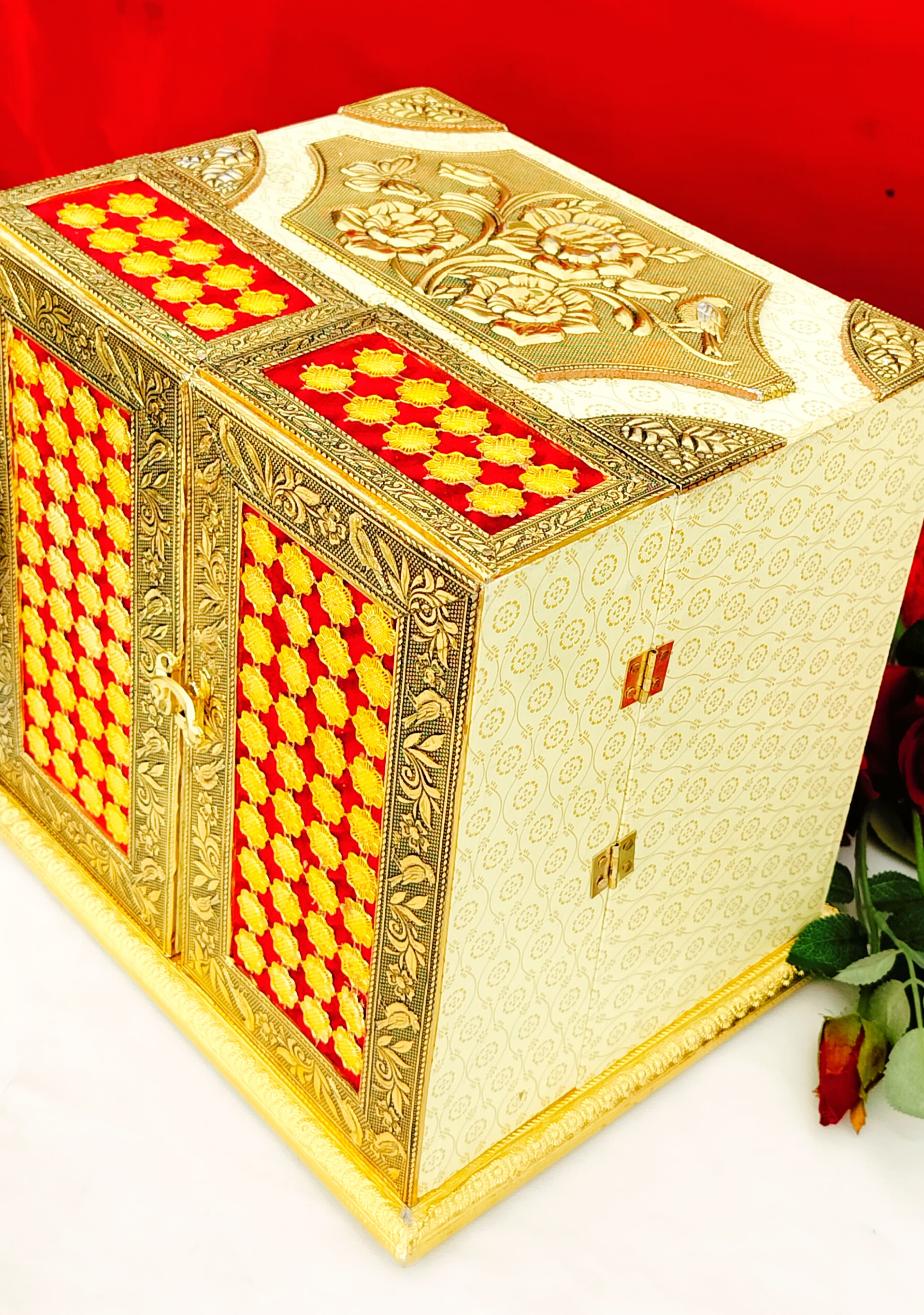 Antique Gold plated German silver Teak wood base jhula with Temple