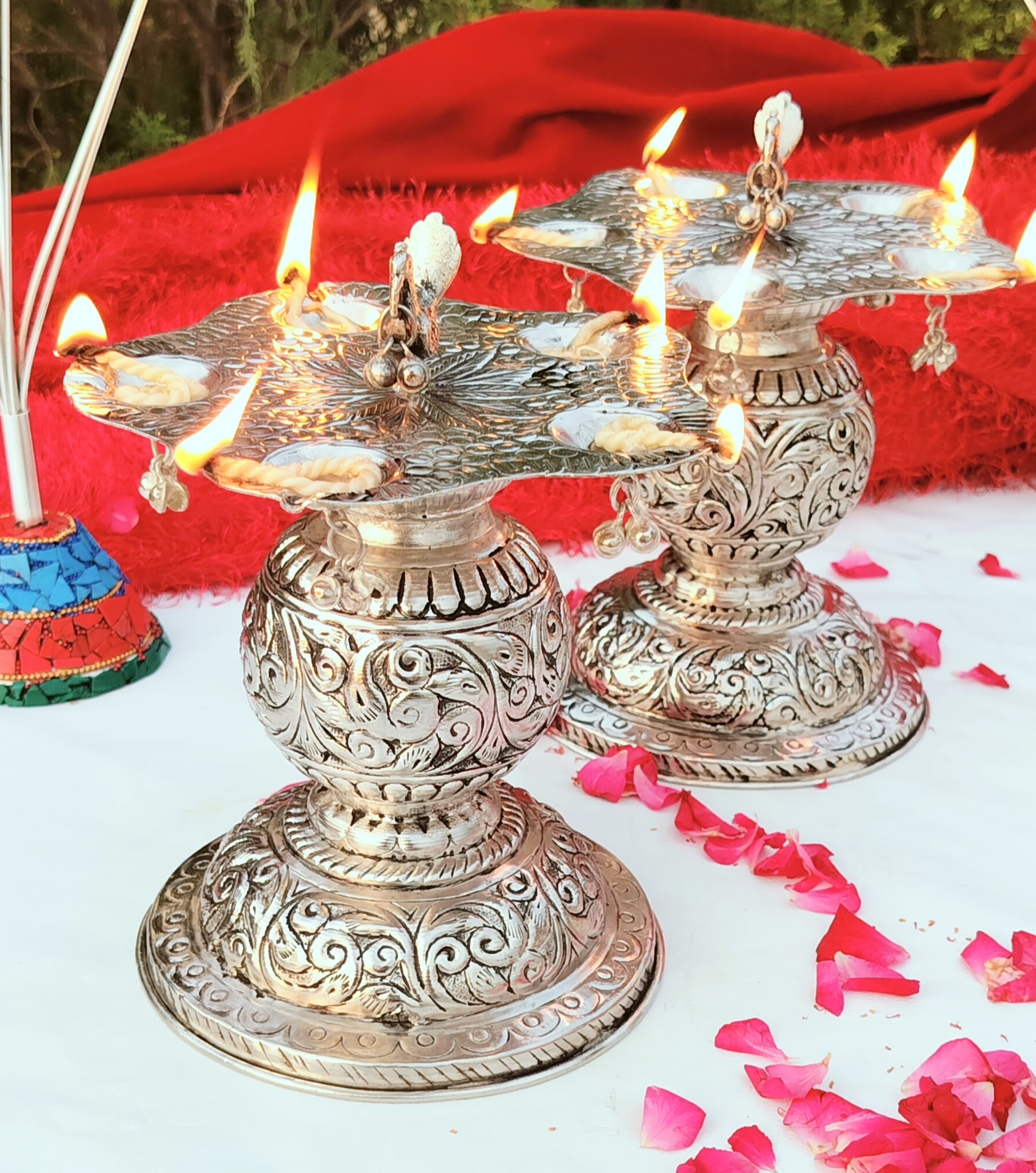 Antique German silver panchmukhi samai/ diya pair 