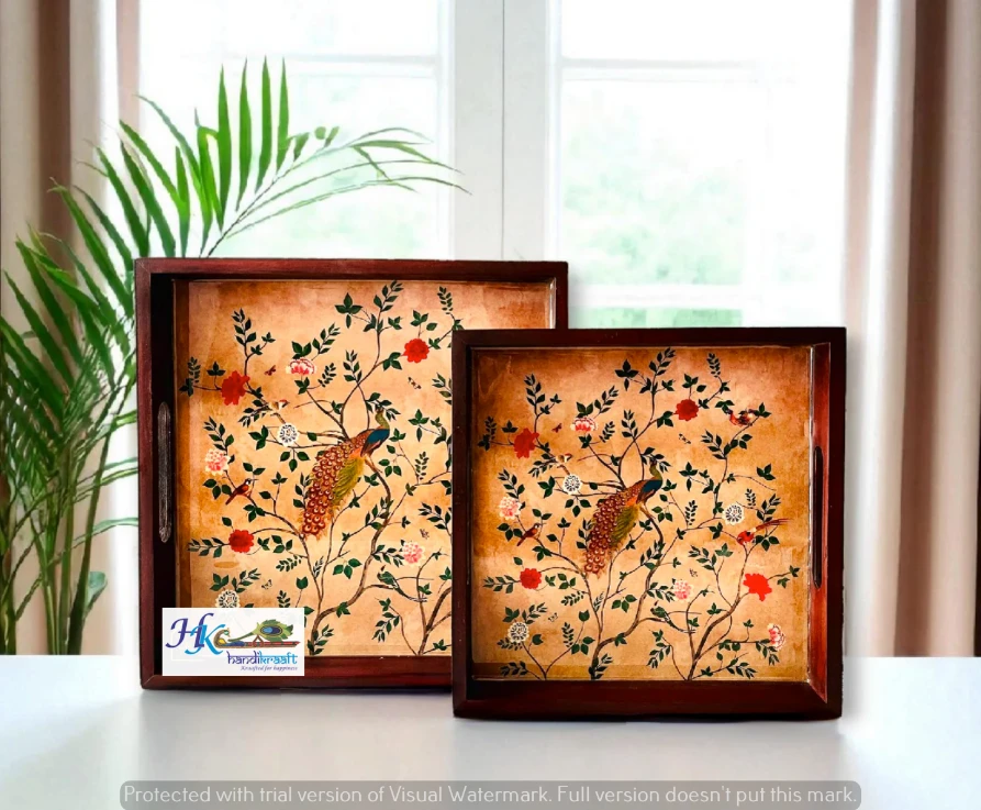 Premium Polished Teakwood Serving Tray Set of 2- 12x12" &10x10"