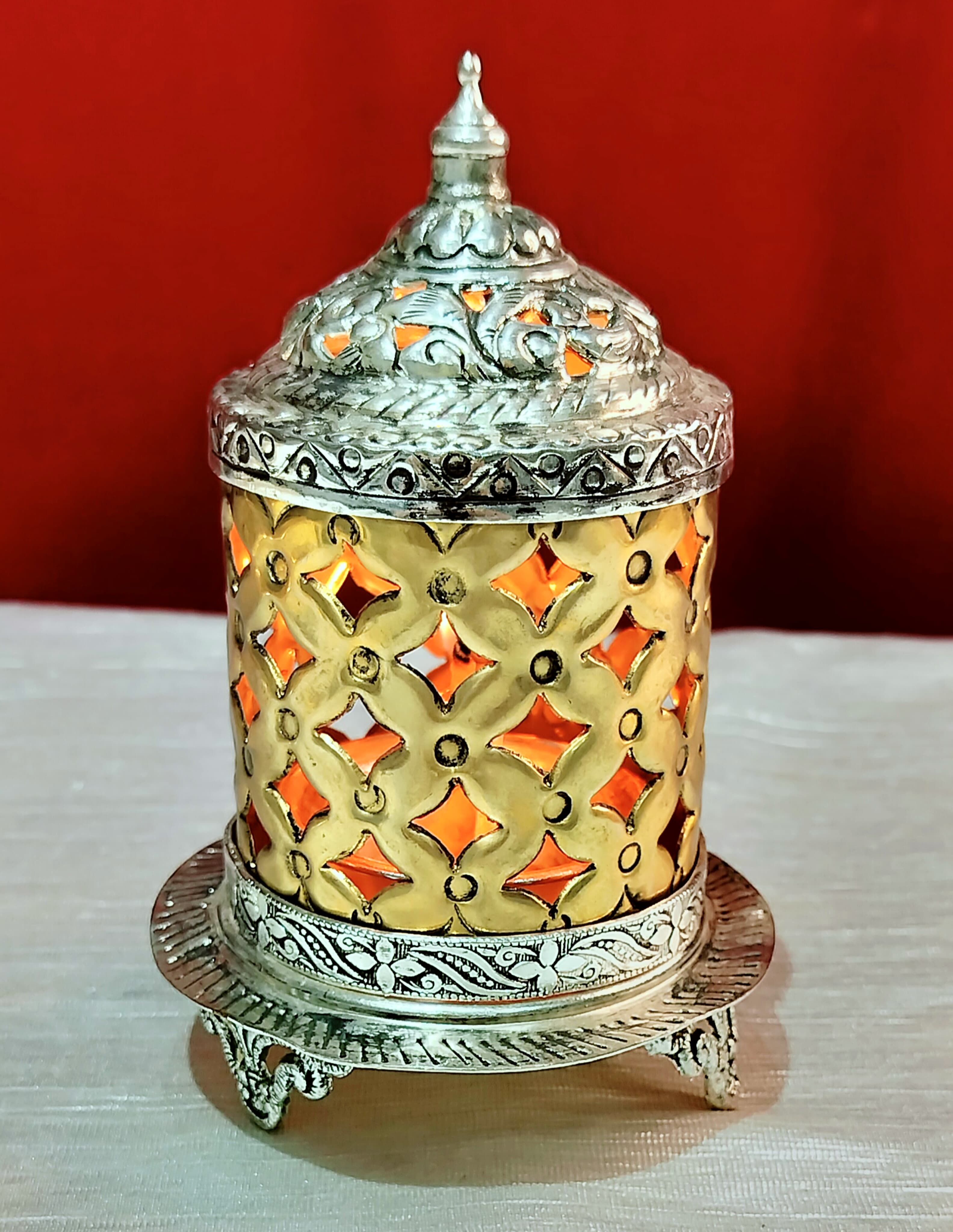 German silver with gold plated akhand diya for daily use-6.5"