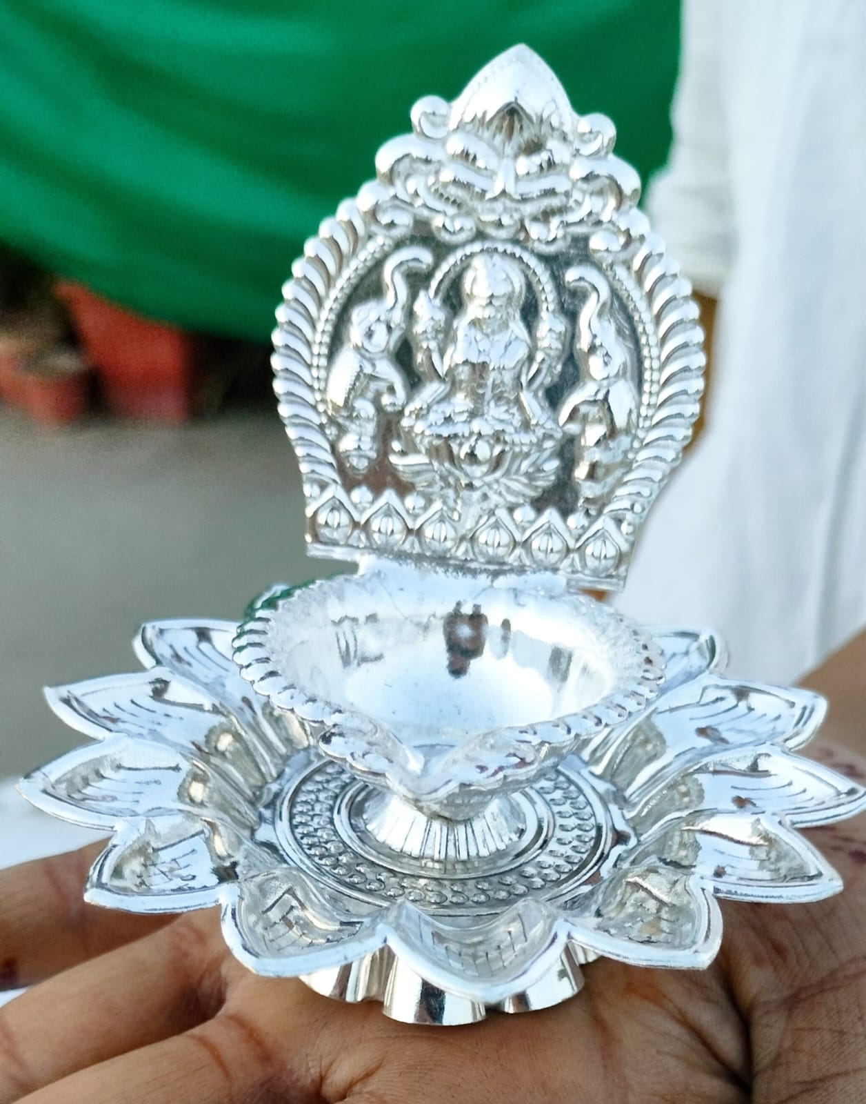 German silver lotus Laxmi diya with stand