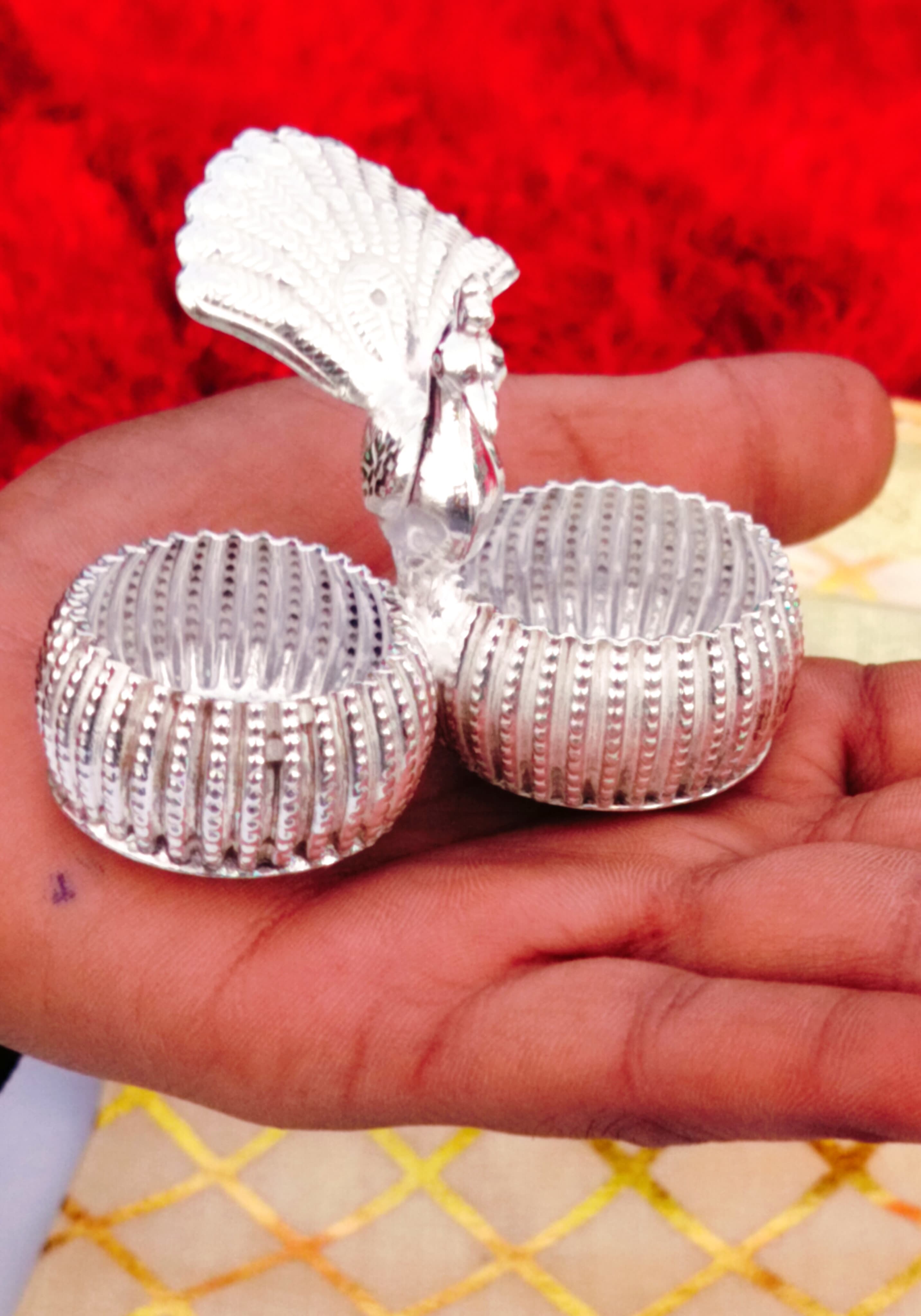 German silver Nakkashi peacock kumkum stand