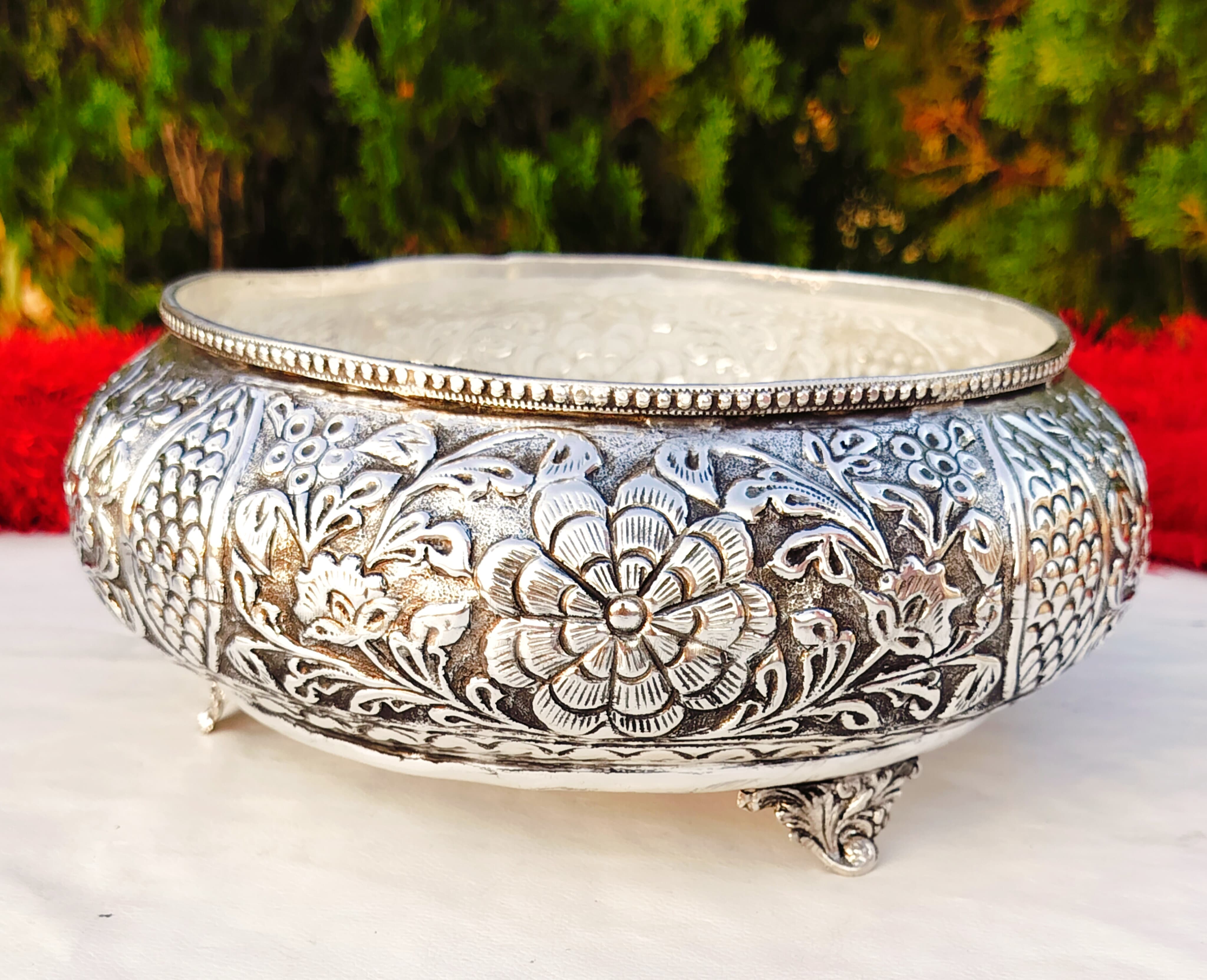Antique German silver sunflower carving urli
