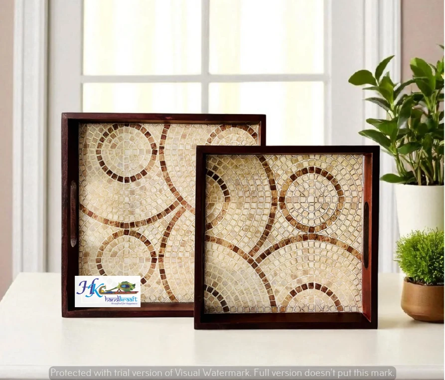 Premium Polished Teakwood Serving Tray Set of 2- 12x12" &10x10"