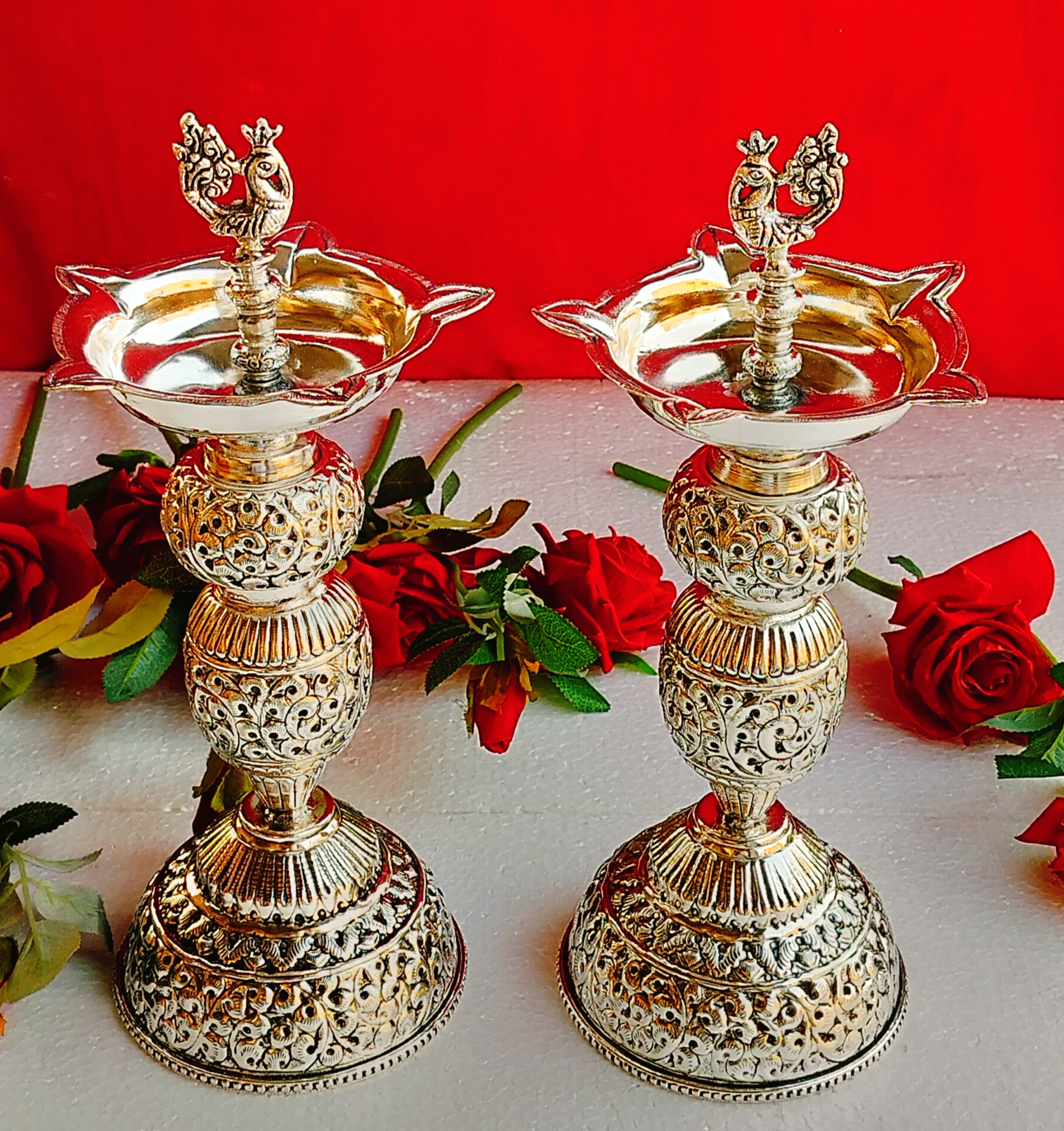 German silver antique peacock diya pair