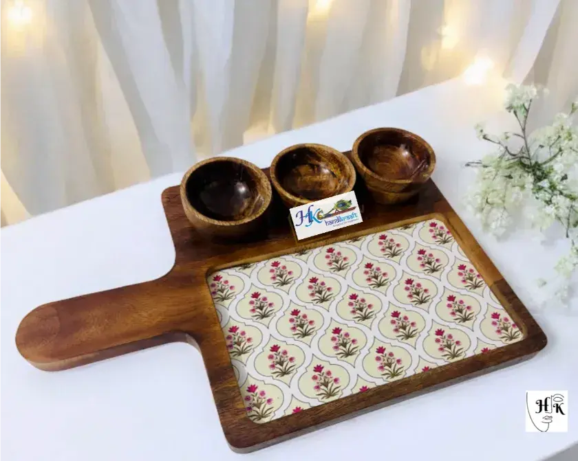 Wooden Serving Rectangular Platter with 3 Bowls-15x10"