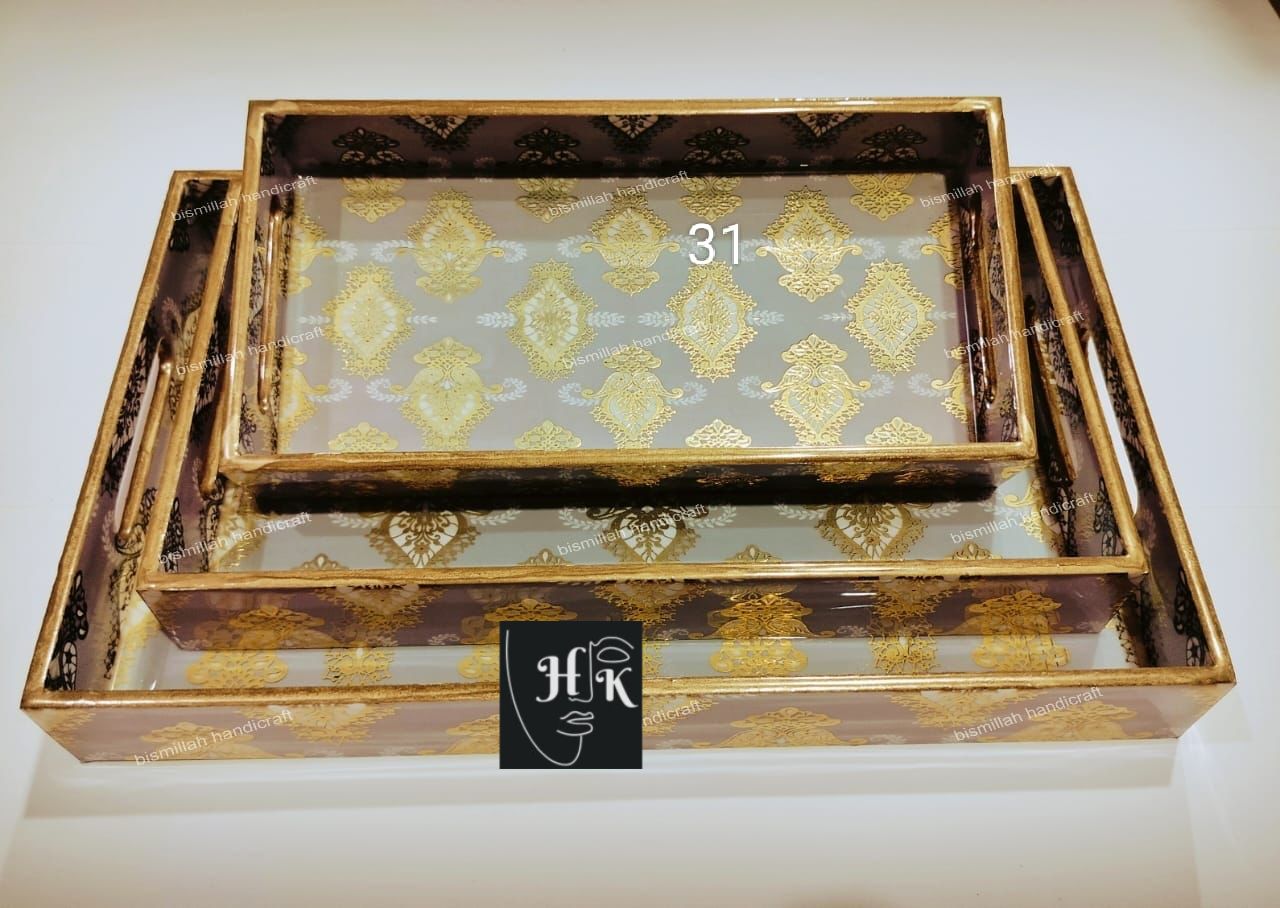 Premium Golden Foil Handcrafted Decorative Tray Set -16"-14"-12"