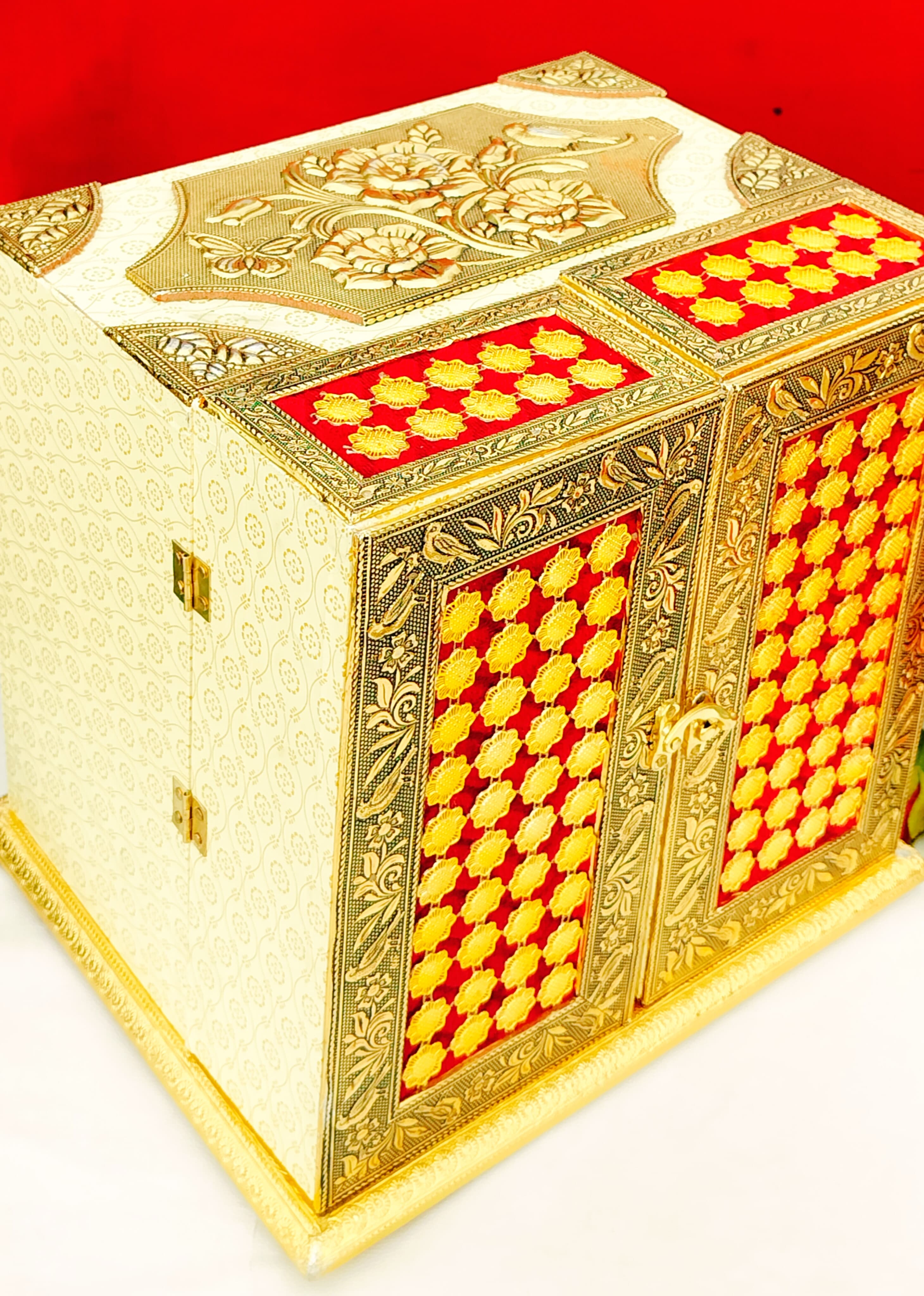 Antique Gold plated German silver Teak wood base jhula with Temple