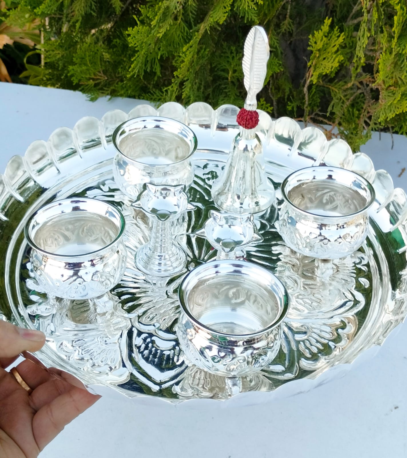 German silver big size lotus flower plate with elephant cup combo