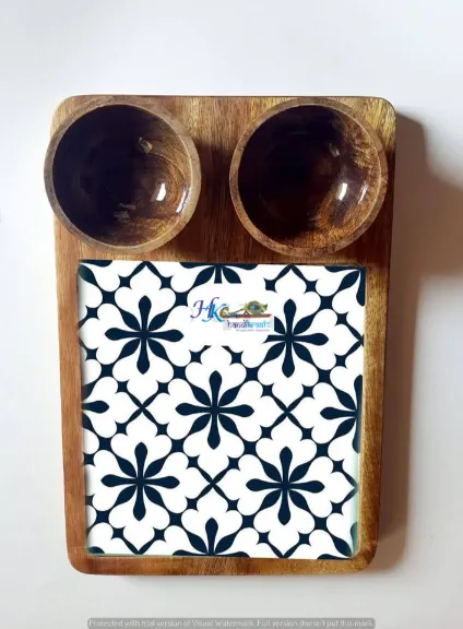 Wooden Serving Rectangular Platter with 2 Bowls-12x8"