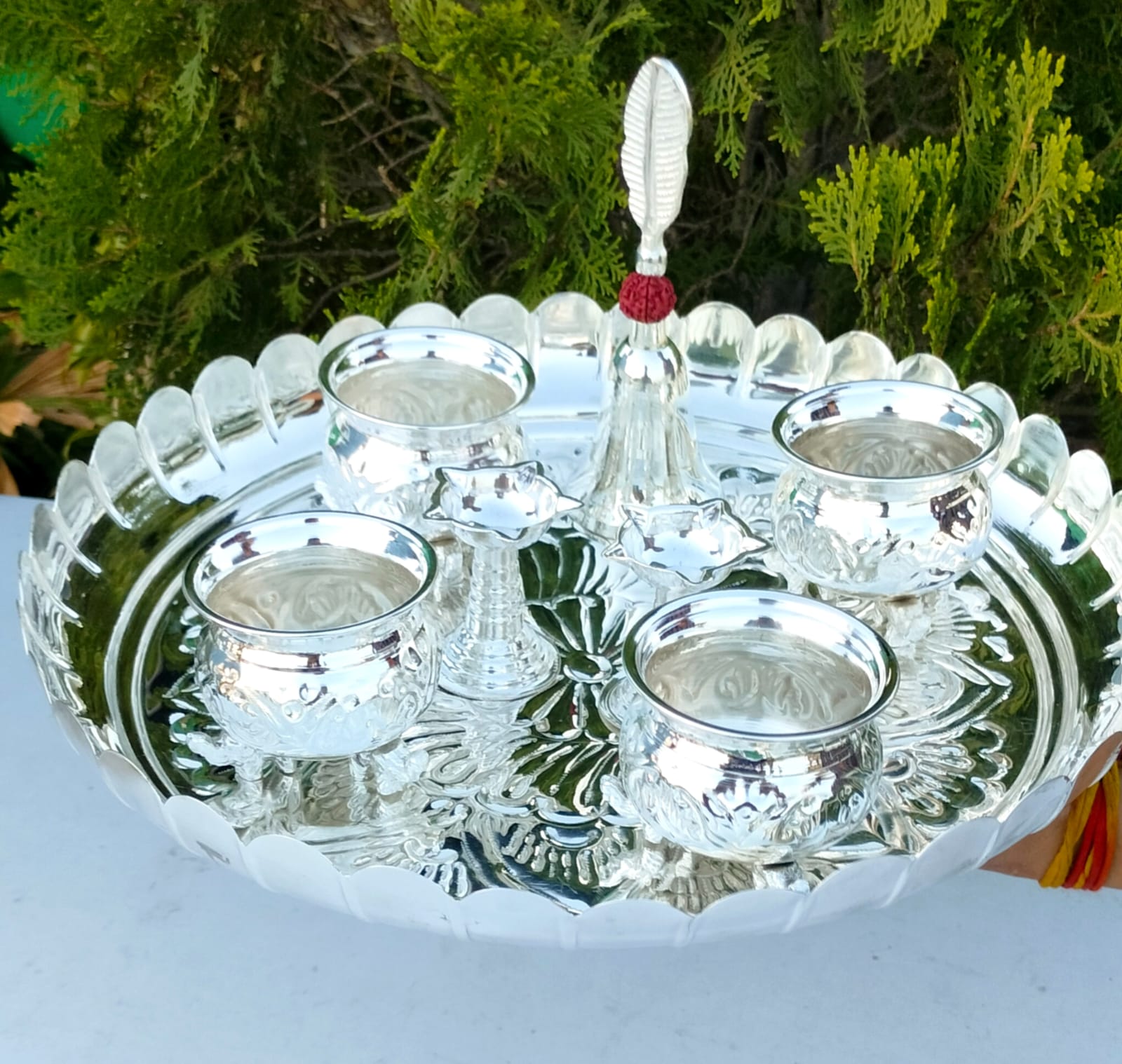 German silver big size lotus flower plate with elephant cup combo
