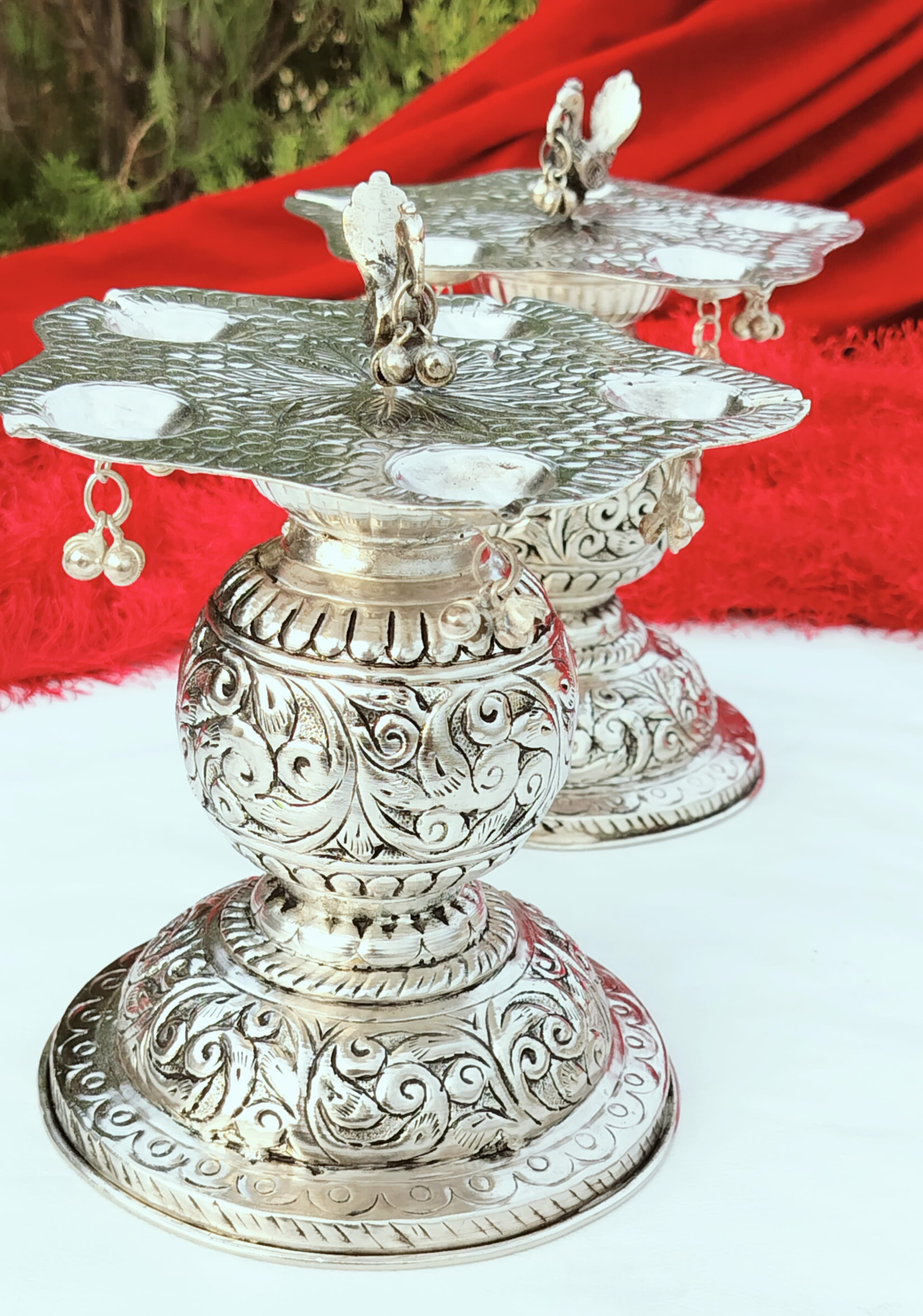 Antique German silver panchmukhi samai/ diya pair 