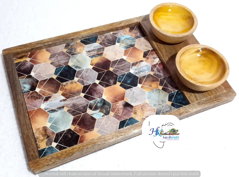 Wooden Serving Rectangular Platter with 2 Bowls-12x8"