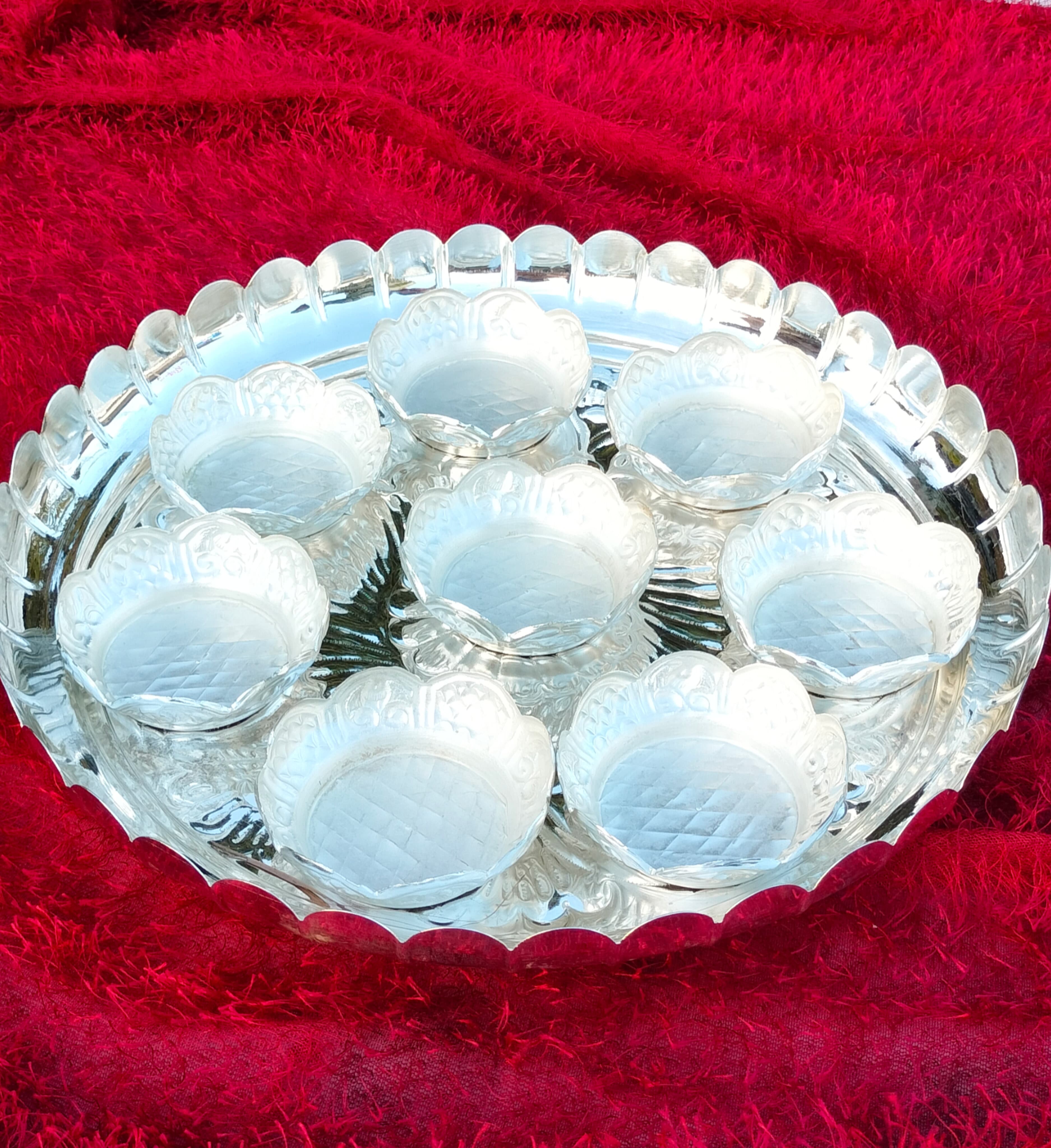 German silver lotus plate with 8 lotus bowl combo