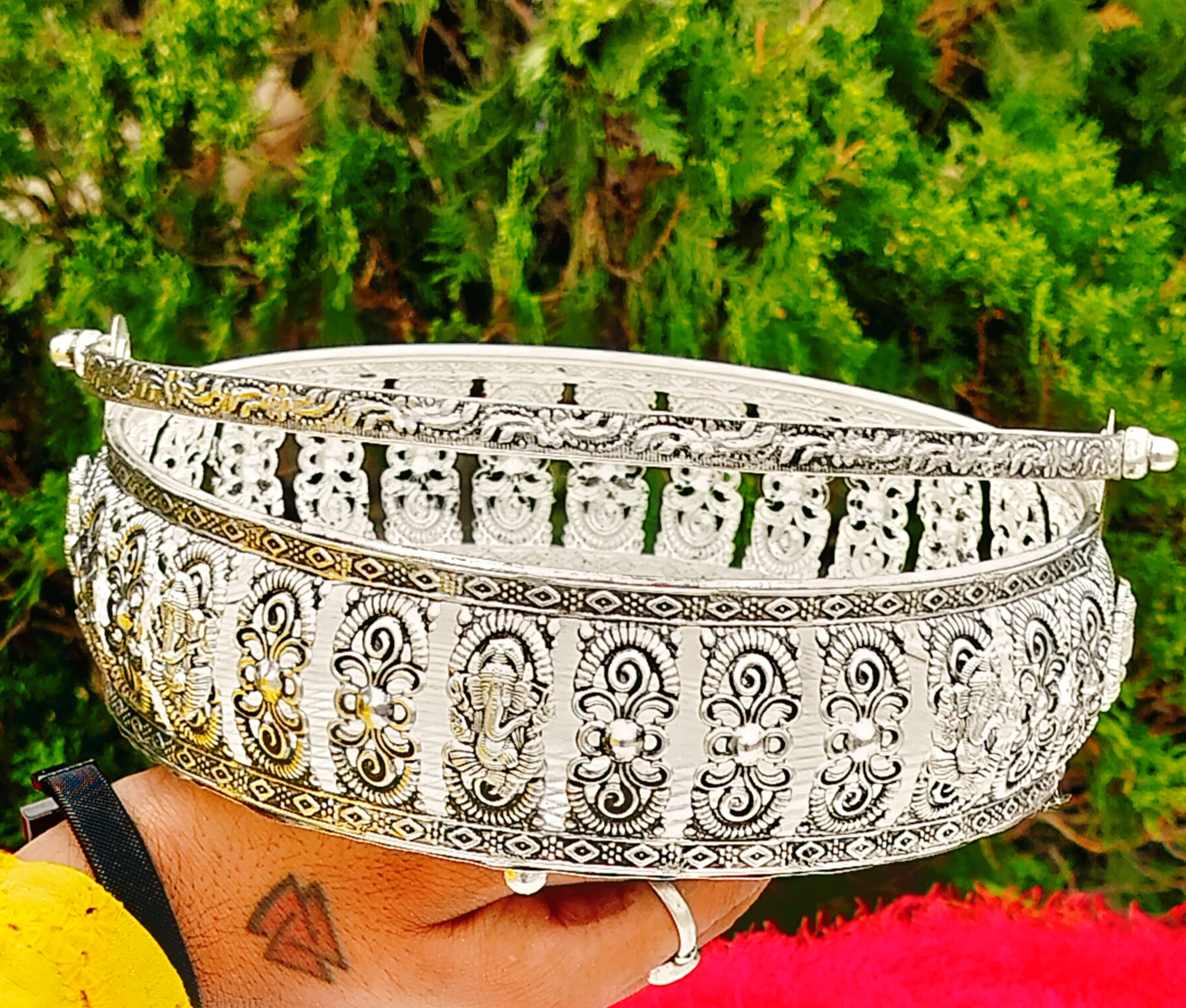 Antique German silver Ashta vinayak engraved flower  basket