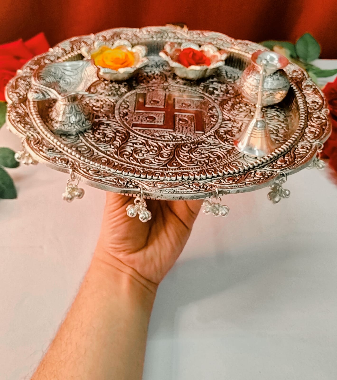 German silver antique Ghungaru aarti thali set
