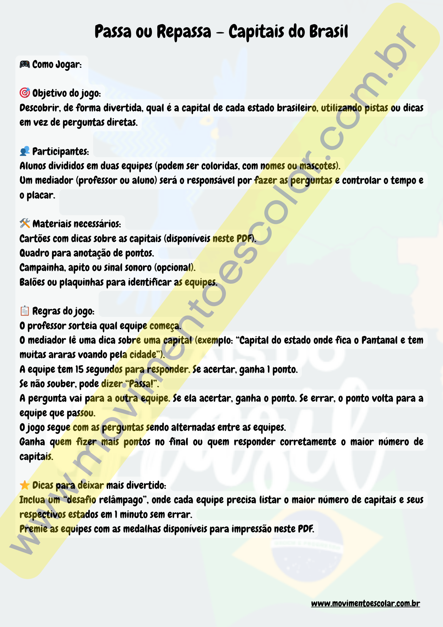 Jogo Educativo - Passa ou Repassa: Capitais do Brasil (PDF Imprimível + Cards + Medalhas)