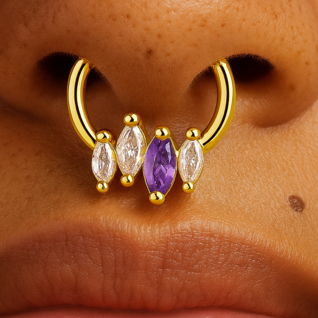 Piercing ASTRIANE – Argent 925 Plaqué or 18K & zircones violet façon améthyste et blanches scintillantes
