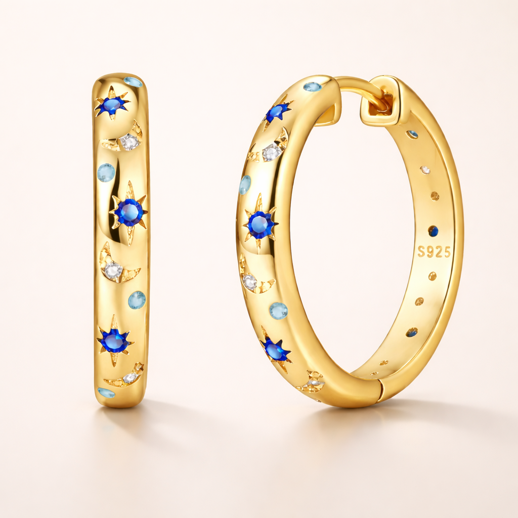 Boucles d’oreilles ARGASSI – Argent 925 doré à l’or fin & zircones célestes | Maison Aureus