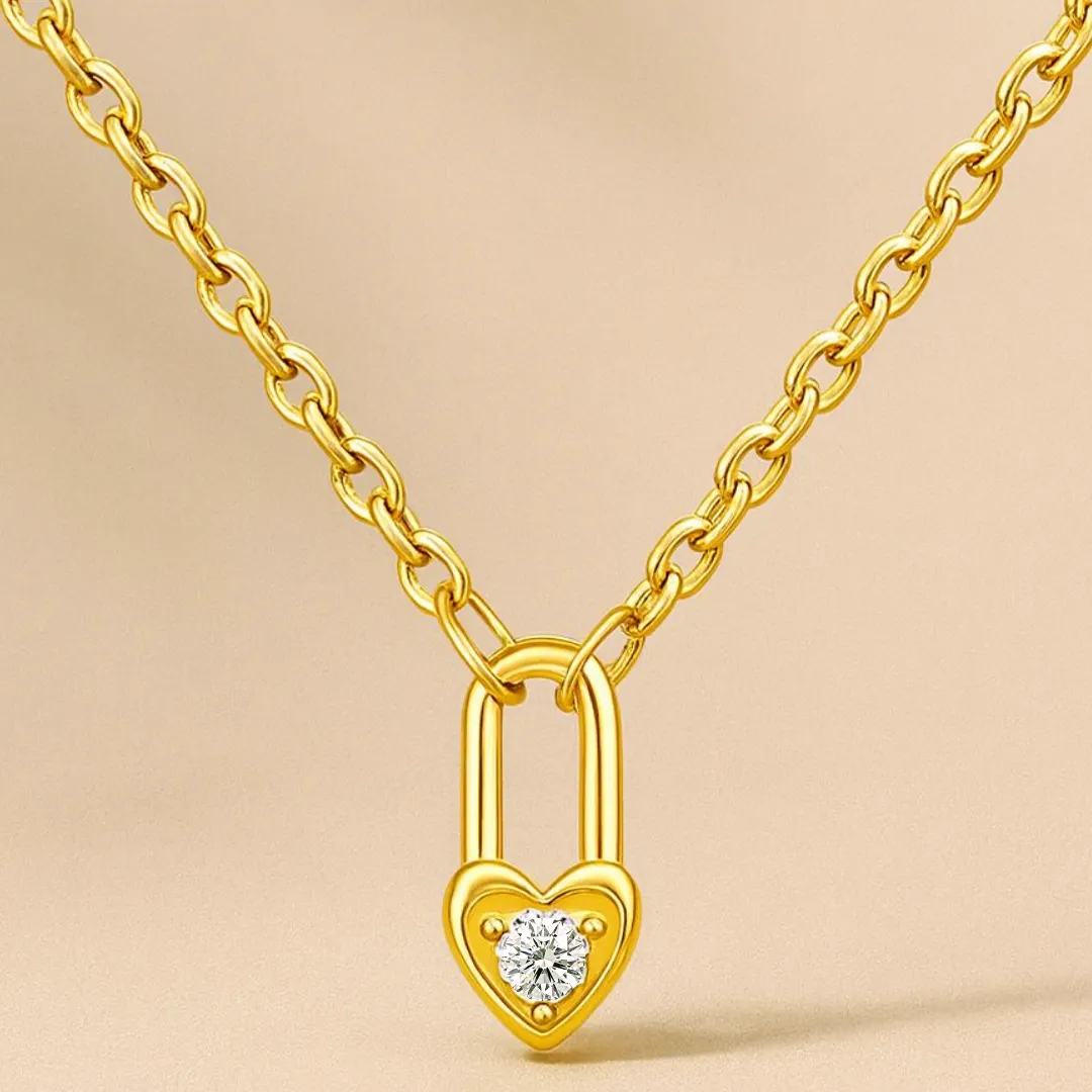 Collier PADLOCKED – Chaîne en argent 925 plaqué or 18K ou platine & pendentif cadenas cœur serti de zircone