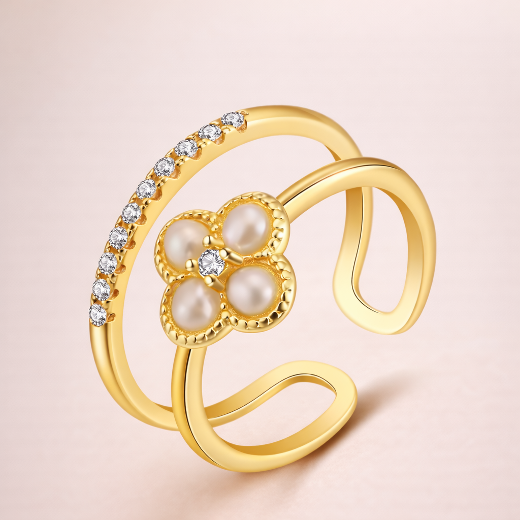 Bague NOSY IRANJA en argent sterling 925 plaqué or 14K, perles d’eau douce naturelles & zircone blanche scintillante | Maison Aureus