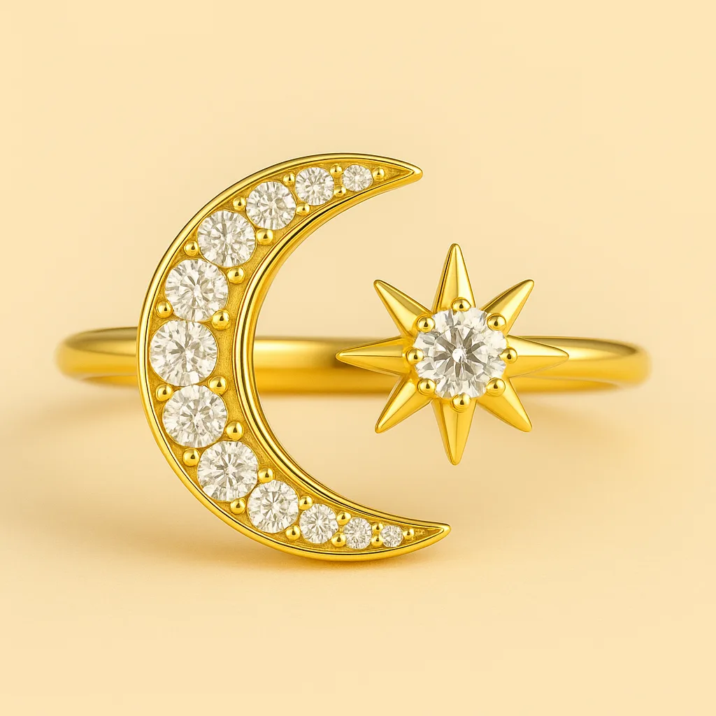 Bague LUNARIA AUREUS – Argent 925 plaqué or 18K, Lune & Étoile serties de zircones – Bague redimensionnable Maison Aureus