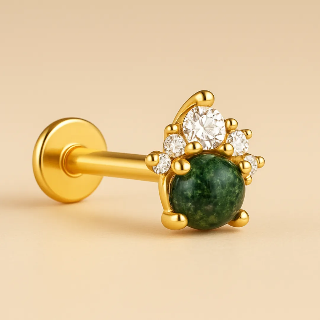 Piercing ORIA – Argent 925 doré à l’or fin plaqué or 18k & Agate mousse naturelle verte