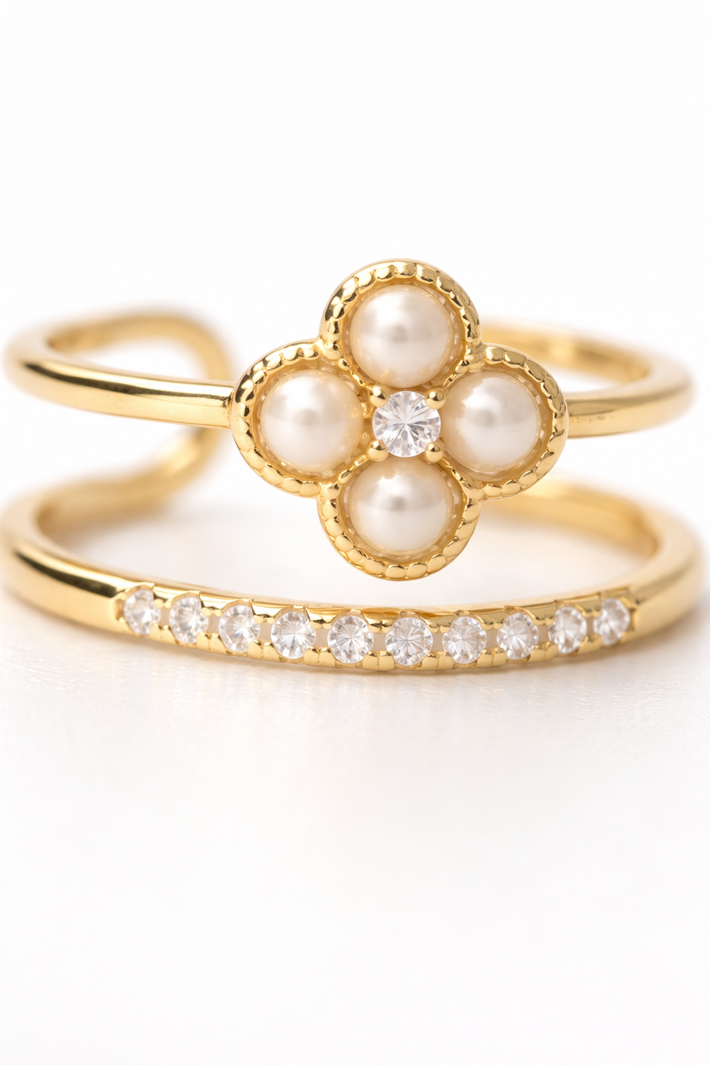 Bague NOSY IRANJA en argent sterling 925 plaqué or 14K, perles d’eau douce naturelles & zircone blanche scintillante | Maison Aureus