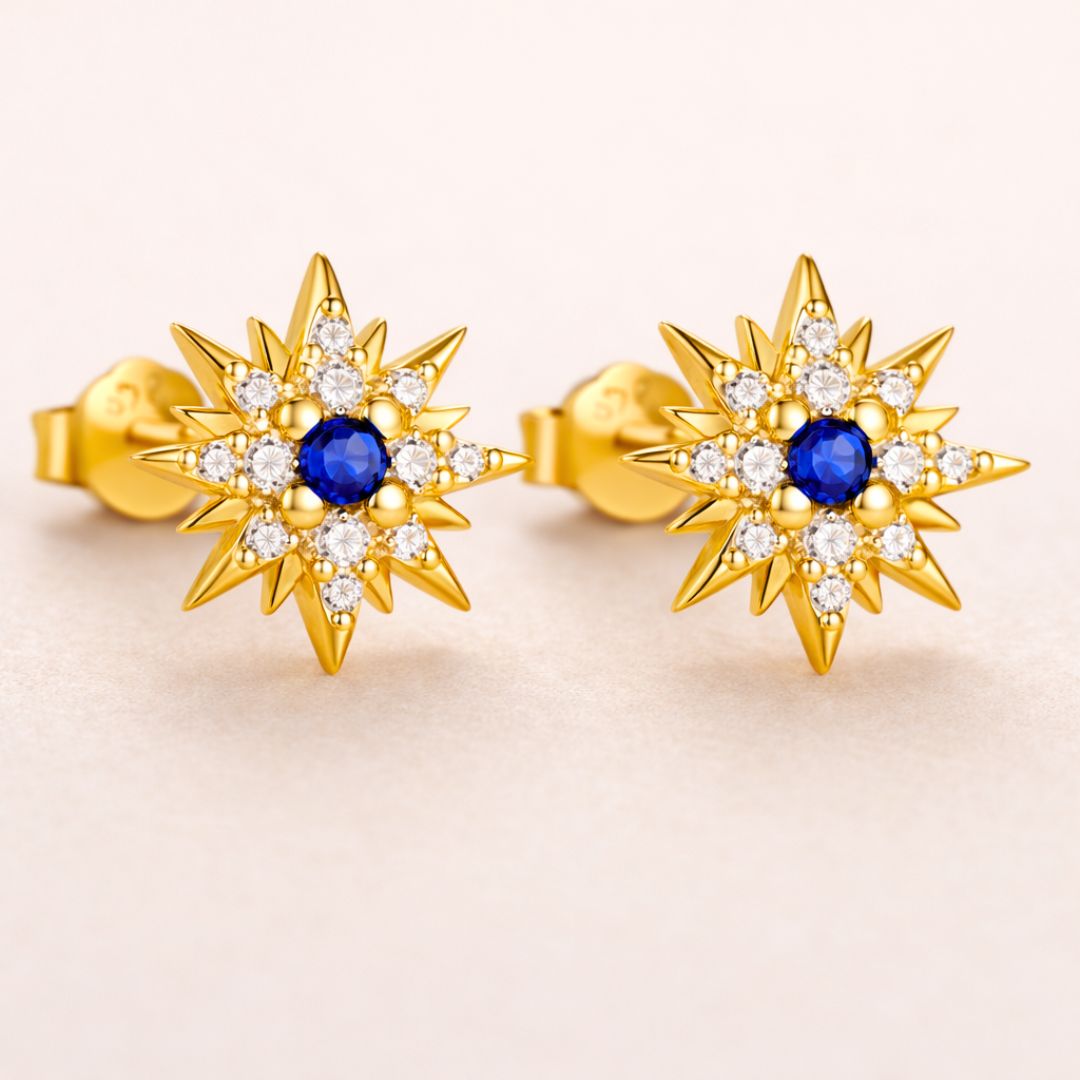 Boucles d’oreilles TSILIVI – Argent 925 plaqué or 18K & zircones bleues | Maison Aureus