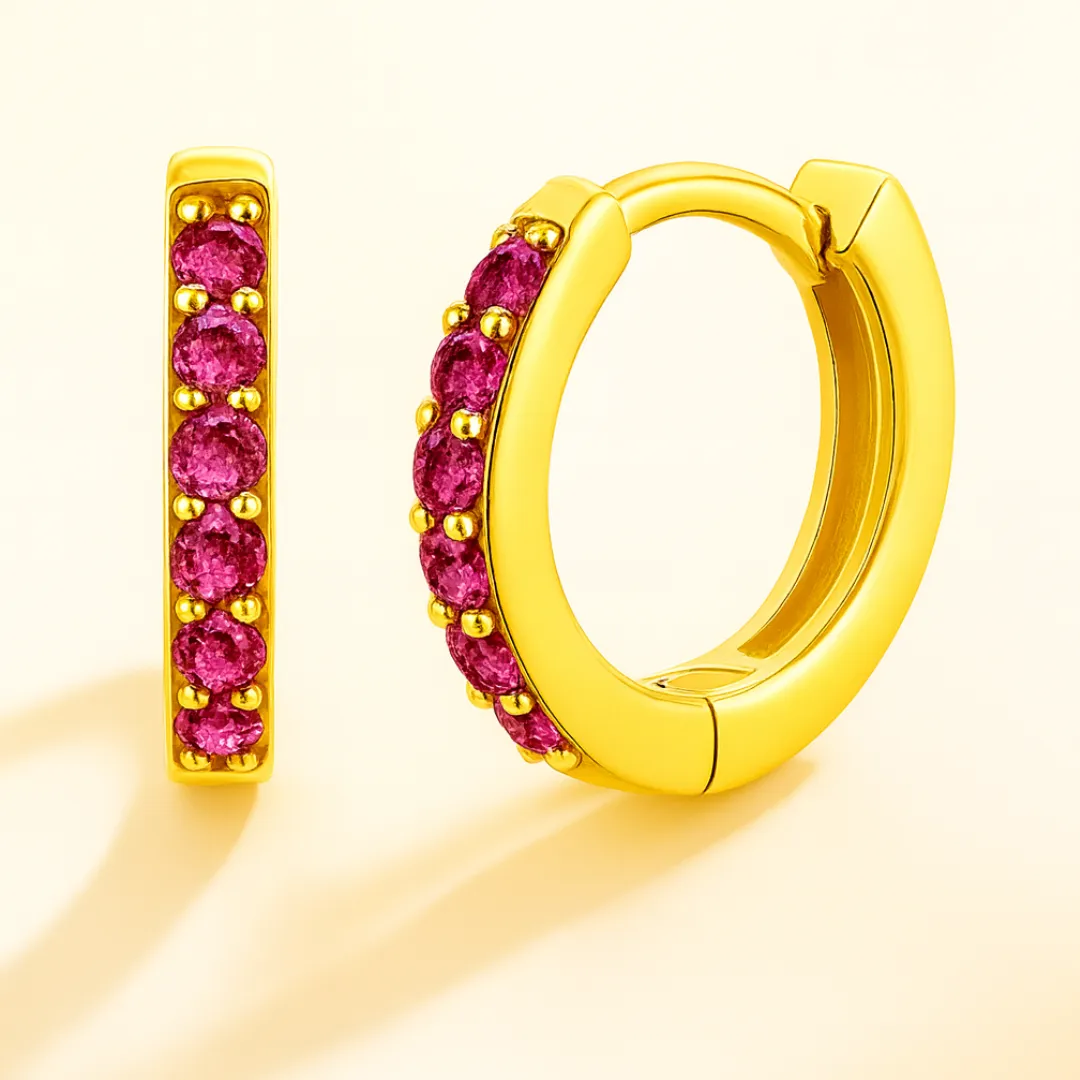 Boucles d’oreilles créoles BURN ME – Plaqué or 18K, Zircone rubis, Argent 925