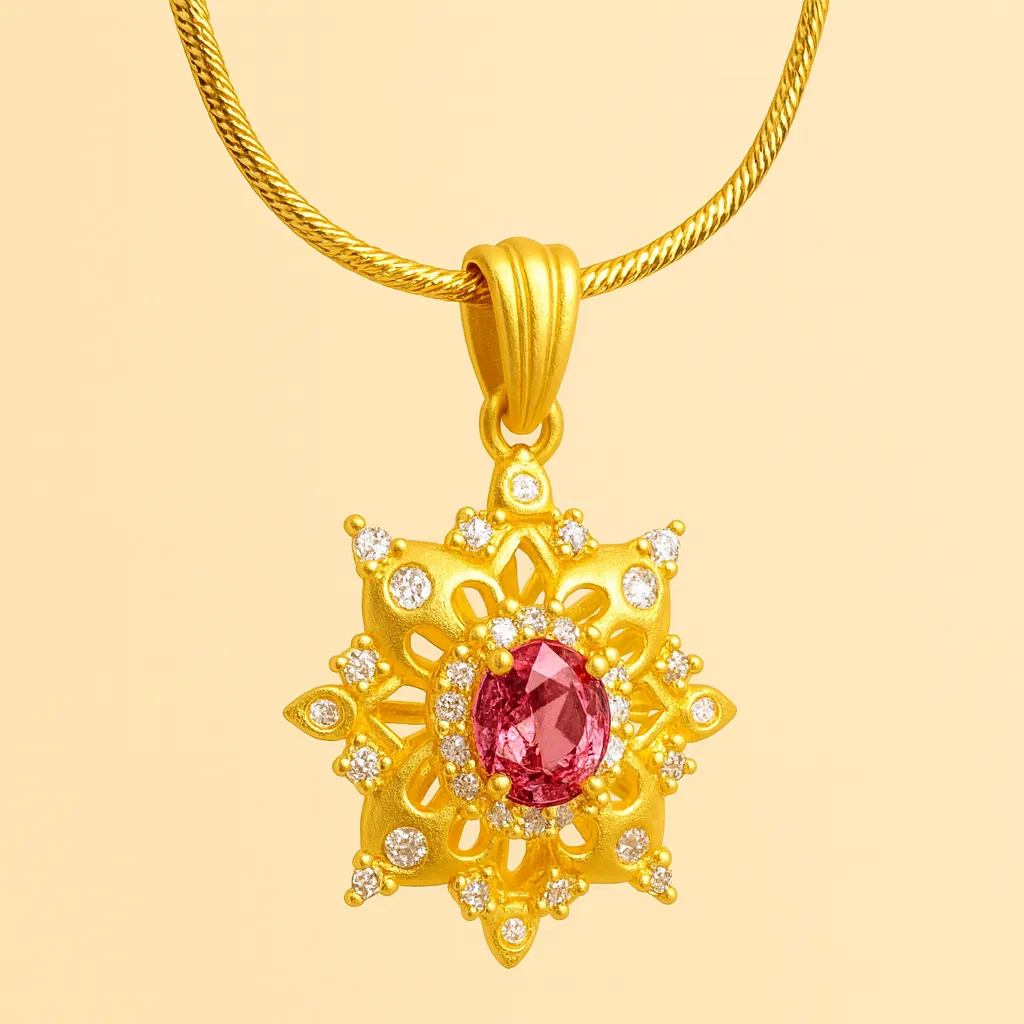 Collier ESMERALDA – Pendentif flocon vintage en argent doré a lor fin, orné d’une zircone rose et de cristaux scintillants blanc