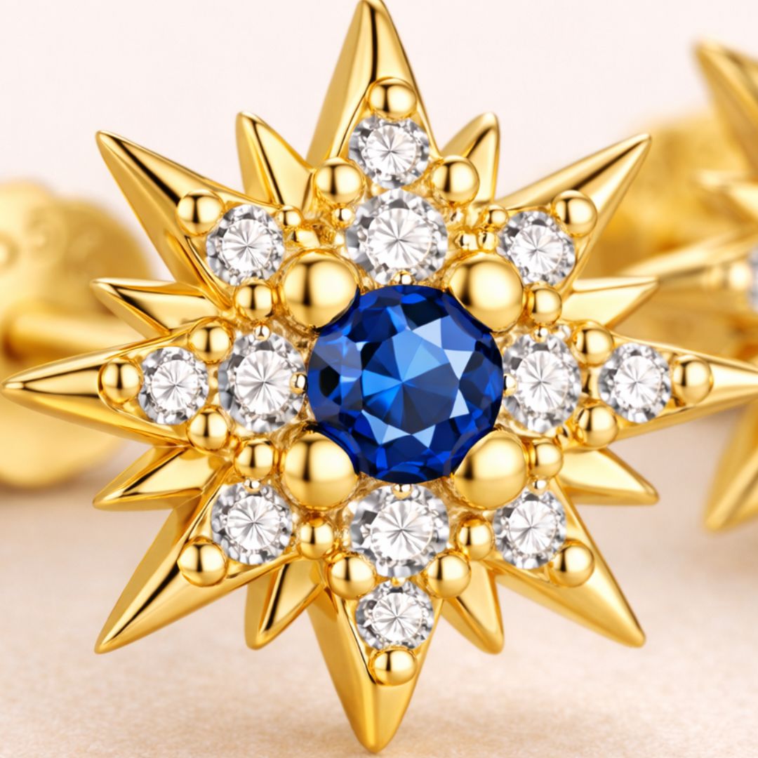 Boucles d’oreilles TSILIVI – Argent 925 plaqué or 18K & zircones bleues | Maison Aureus