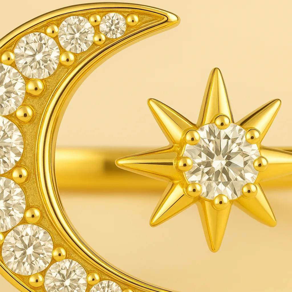 Bague LUNARIA AUREUS – Argent 925 plaqué or 18K, Lune & Étoile serties de zircones – Bague redimensionnable Maison Aureus