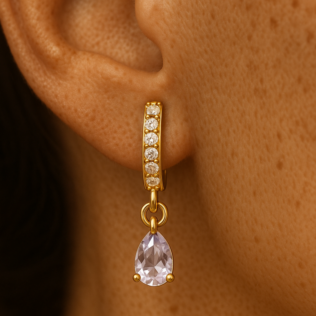 Boucle d’oreille TWO HEART – Goutte zircone | Acier inoxydable doré à l’or fin