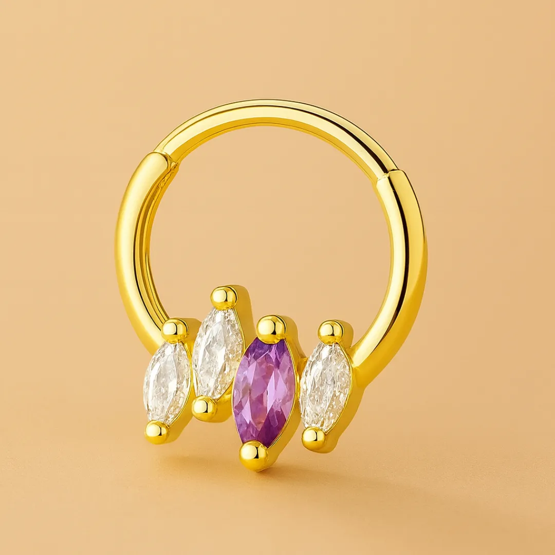 Piercing ASTRIANE – Argent 925 Plaqué or 18K & zircones violet façon améthyste et blanches scintillantes