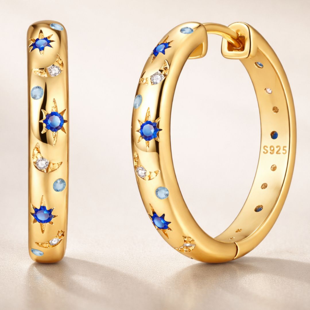Boucles d’oreilles ARGASSI – Argent 925 doré à l’or fin & zircones célestes | Maison Aureus