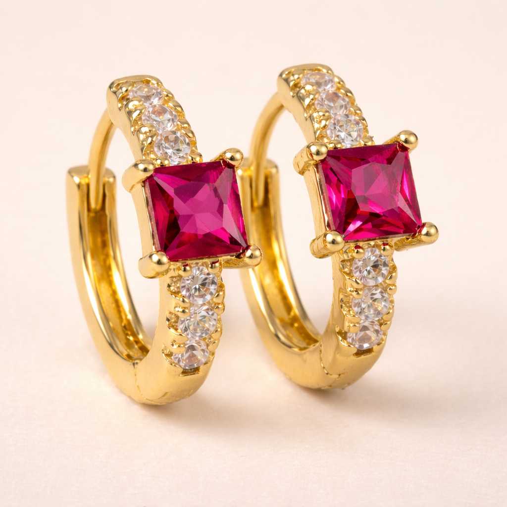 Boucles d’oreilles FLAME QUEEN – Plaqué or 18K ou finition argent & zircone rouge taille princesse AAA+ | Maison Aureus